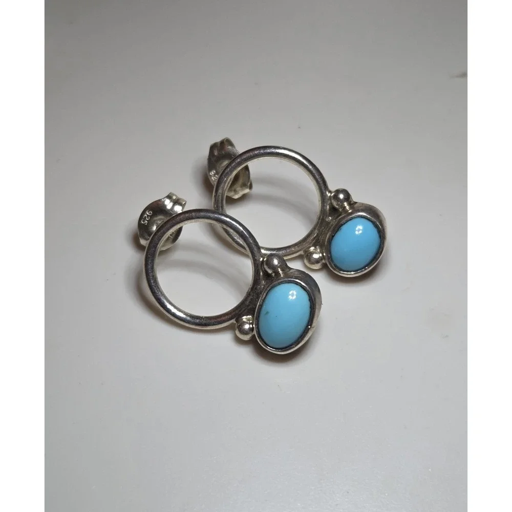 Genuine Native American Sterling Silver & Turquoise Door Knocker Dangle Earrings